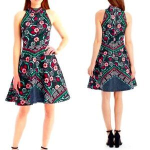 NICOLE MILLER NY Floral Jacquard Mock Halter Fit & Flare Dress 2 MSRP $150